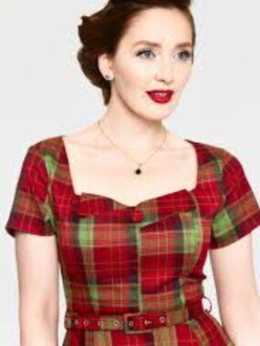Voodoo Vixen Red and Green Plaid Belted Swing Dress Sz L (US 8)